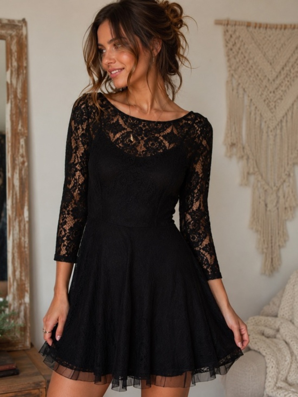 Free People Black Lace Fit & Flare Dress Size Small Romantic Boho Mini